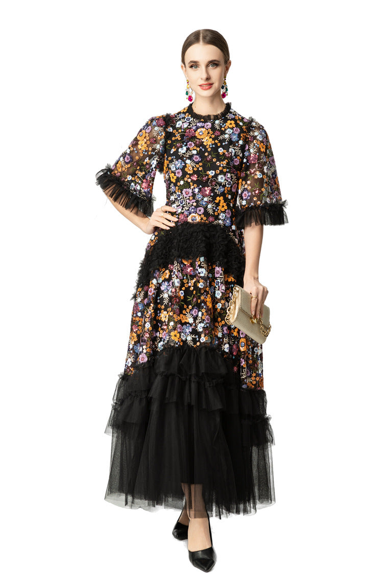 Colorful Floral Embroidered Ruffled Tulle Midi Dress SP10038
