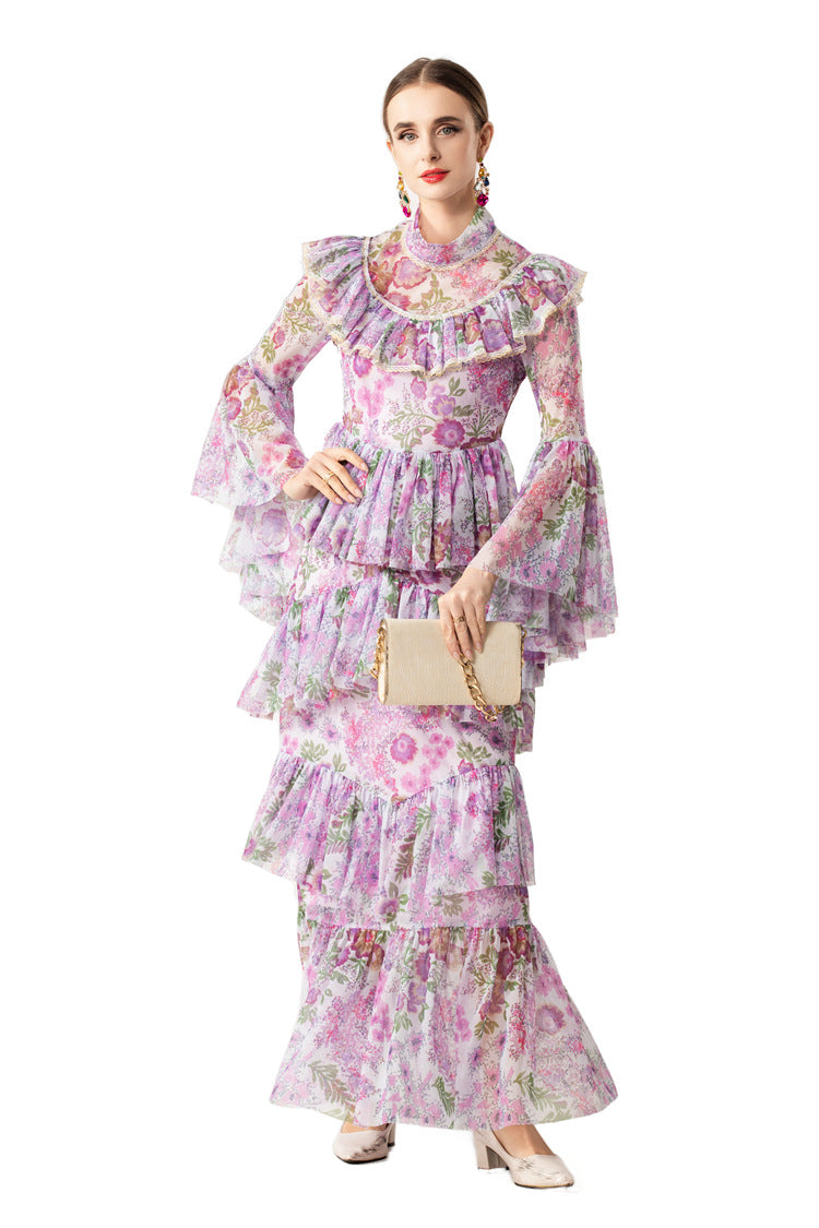 Ruffled High Neck Floral Tiered Cake Maxi Dress SP10075