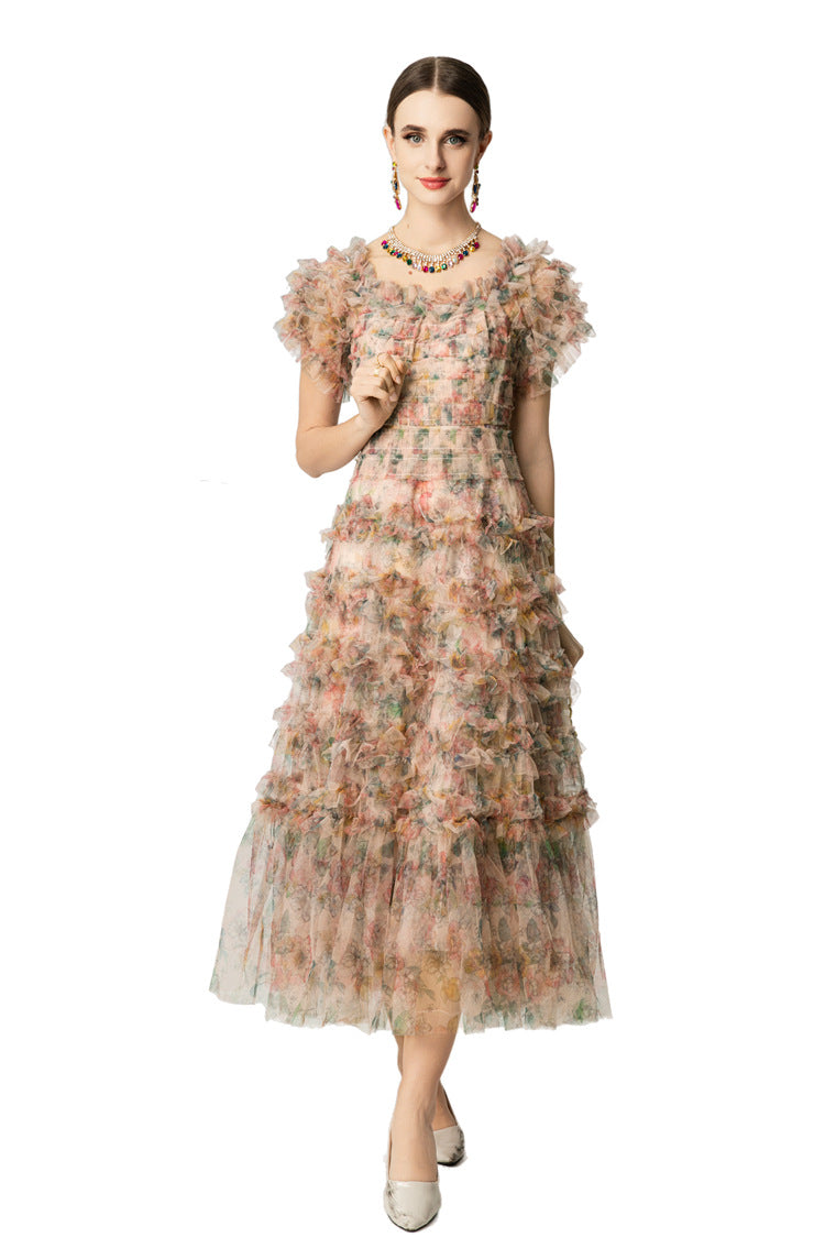Floral Print Tiered Ruffle Tulle Midi Dress SP10042