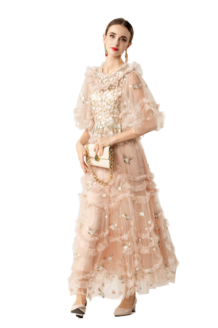 Ruffled Neck 3D Floral Tiered Tulle Maxi Dress SP10077