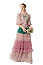 Pink Green Floral Embroidery Tiered Tulle Maxi Dress SP10049