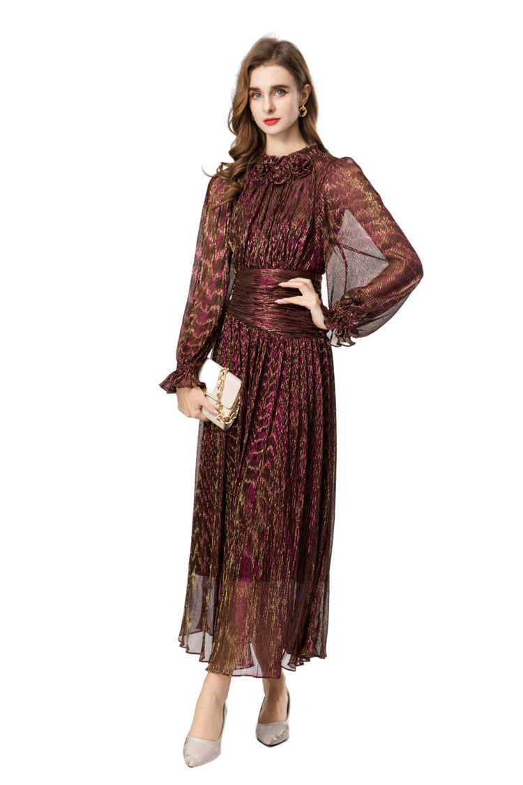 Burgundy Metallic Thread Ruched Waist Maxi Dress with Beaded Neckline