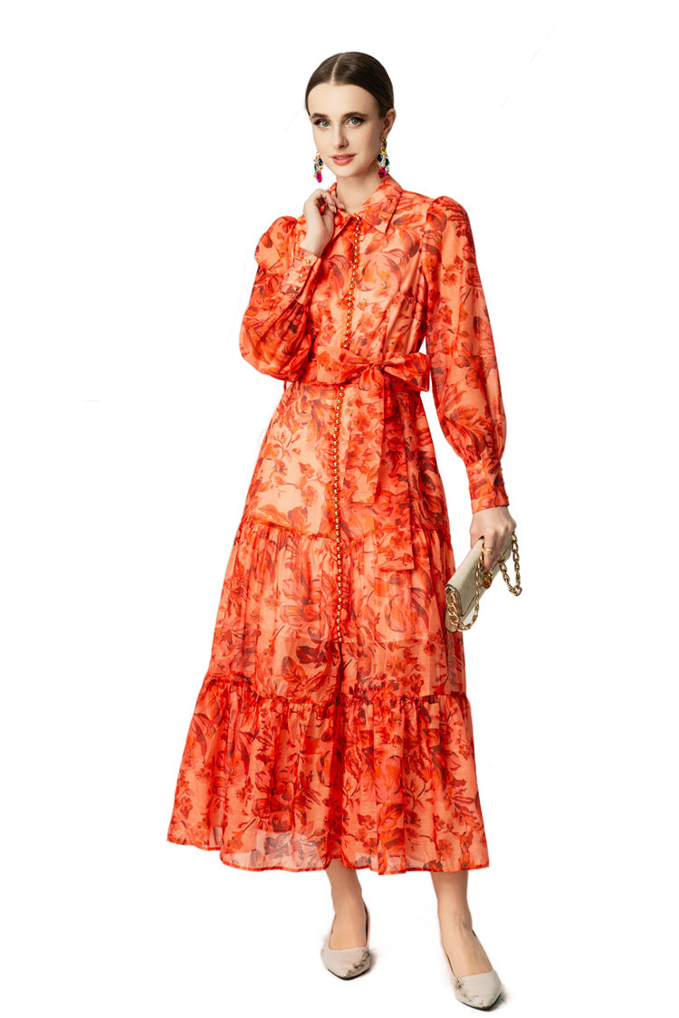Orange Floral Print Collared Tiered Ruffle Maxi Dress SP10047