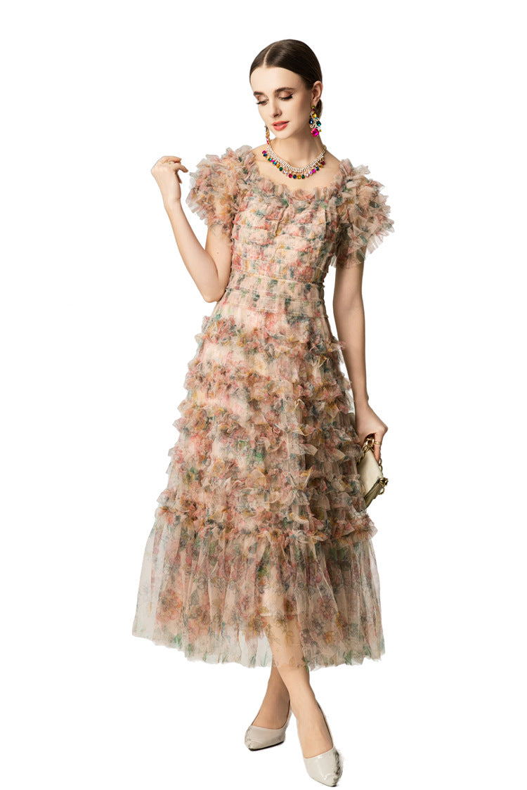Floral Print Tiered Ruffle Tulle Midi Dress SP10042