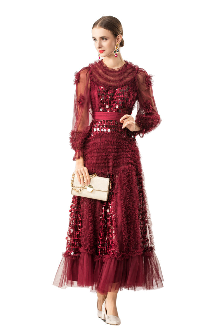 Burgundy Sequin Ruffled Tiered Tulle Midi Dress SP10076