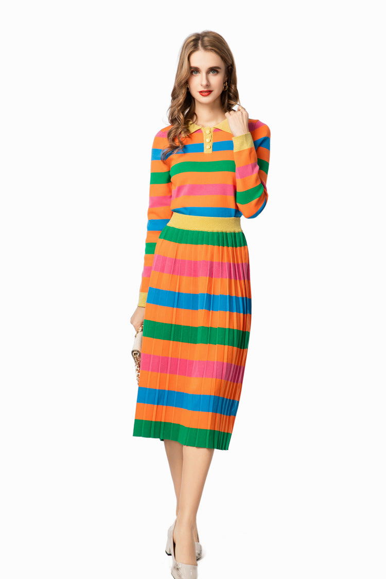 Rainbow Striped Knit Polo Top & Pleated Skirt Set SP10007
