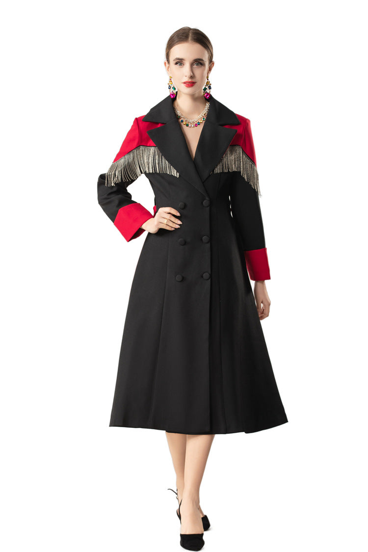 Fringe Trim Color-Block Double-Breasted Trench Dress SP10074