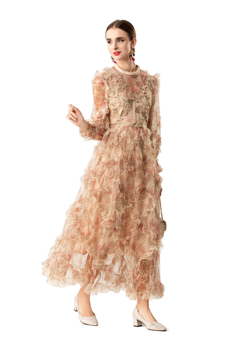 Pearl Trim Floral Embroidered Tiered Tulle Maxi Dress SP10085