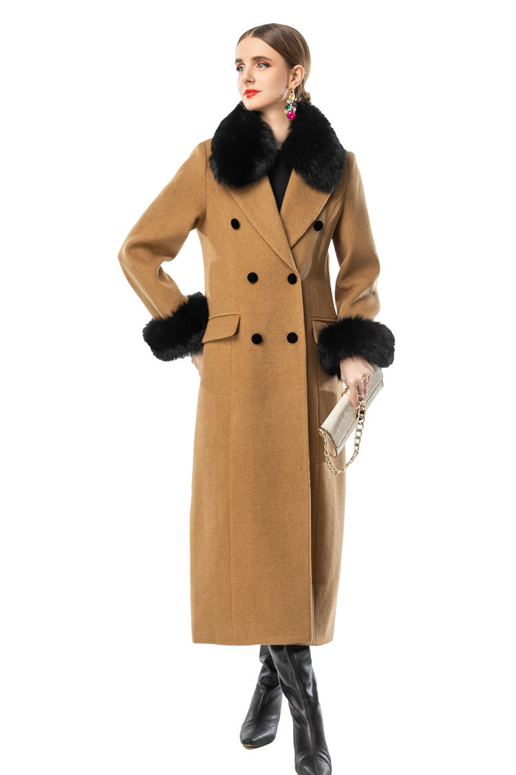 Camel Wool Blend Long Coat with Black Faux Fur Collar & Cuffs SP10112