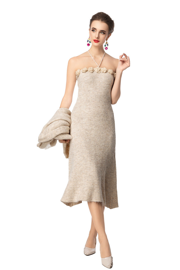 3D Floral Halter Dress & Lace Cuff Knit Cardigan Two-Piece Set SP10099