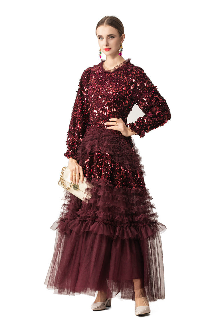 Burgundy Sequin Ruffled Tulle Tiered Maxi Evening Dress SP10016