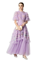 Lavender Floral Embroidery Sequin Tiered Tulle Maxi Dress SP10046
