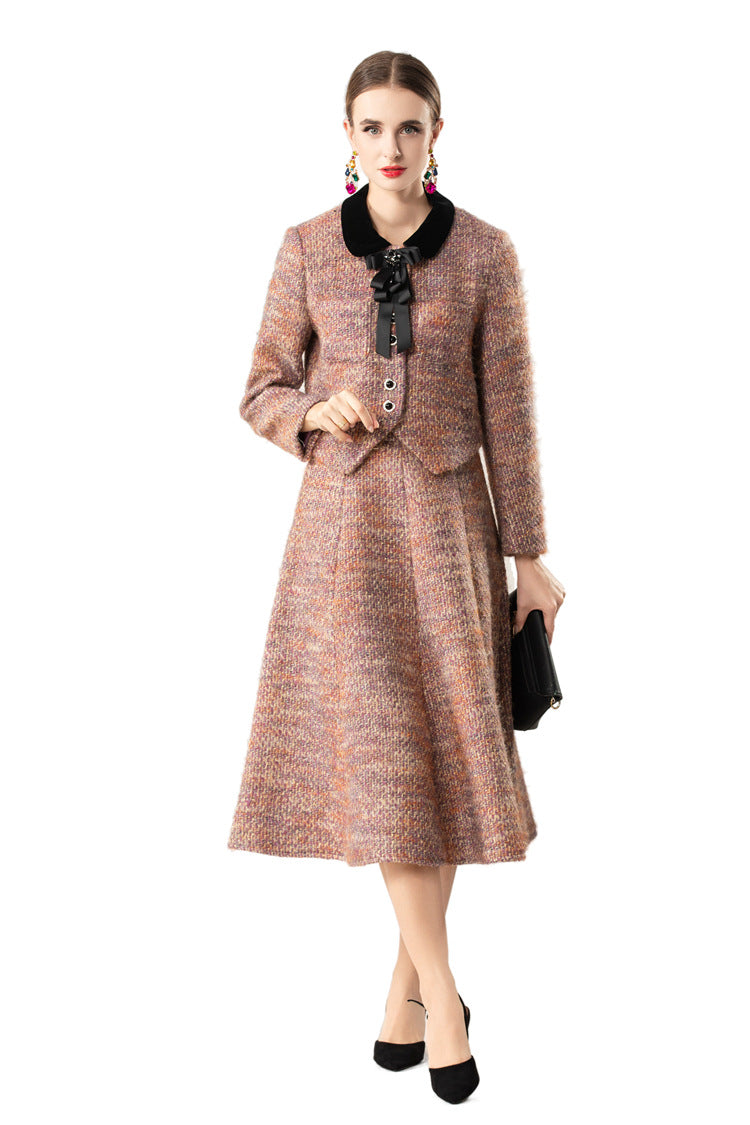 Velvet Collar Tweed Jacket & A-Line Skirt Two-Piece Set SP10082