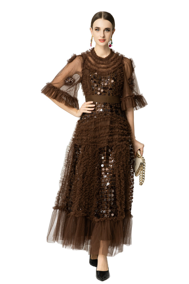Brown Sequin Ruffled Tiered Organza Maxi Dress SP10061