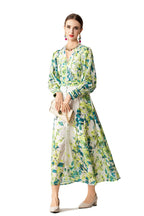Green Floral Print Lace Trim Button Front Slit Maxi Dress SP10066