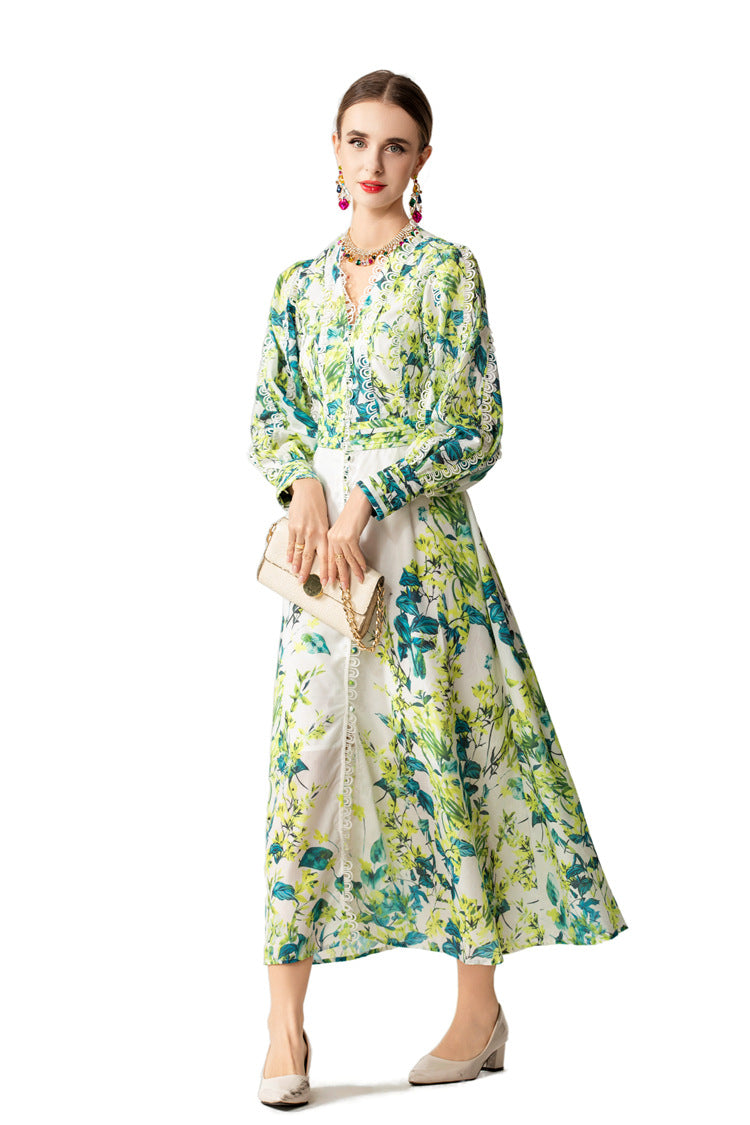 Green Floral Print Lace Trim Button Front Slit Maxi Dress SP10066