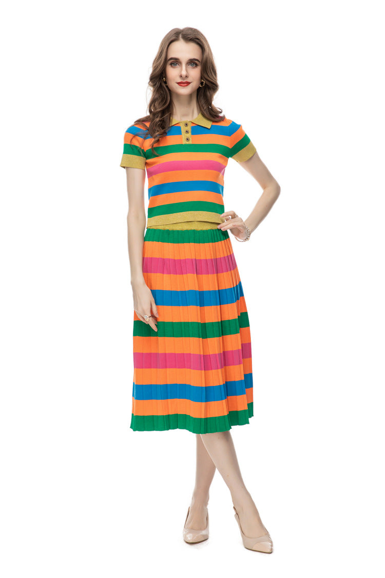 Rainbow Striped Knit Polo Top & Pleated Skirt Set SP10012
