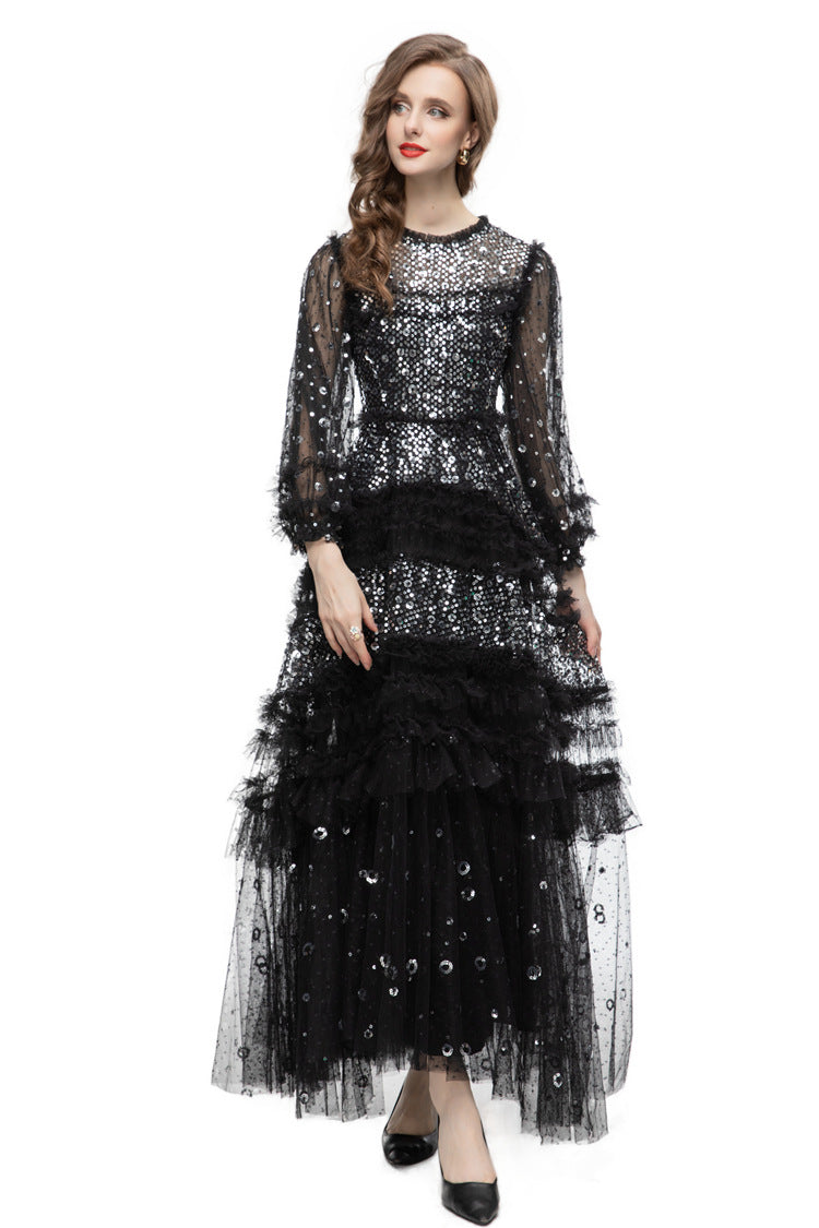 Black Sequin Beaded Tiered Tulle Maxi Evening Gown SP10031