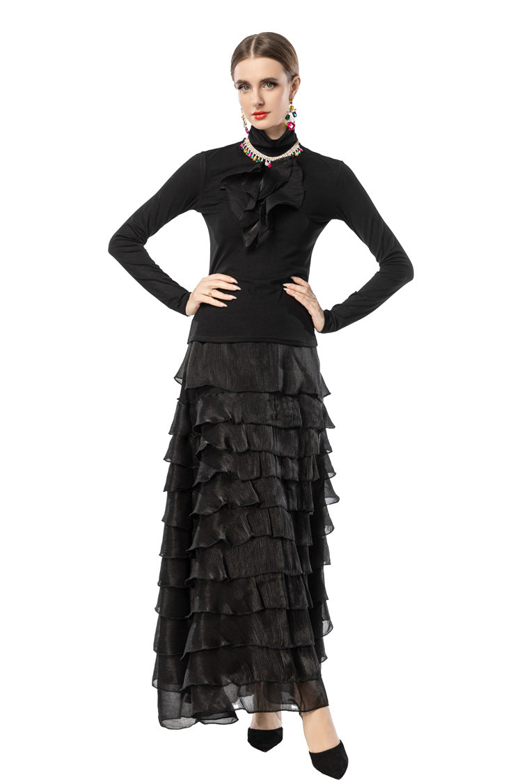 Black 2-Piece Ruffle Tiered Maxi Dress with Ruffle Neck Top SP10105