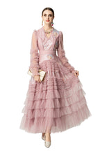 Sequin Embroidery Tiered Tulle Maxi Dress with Ruffled V-Neck SP10055