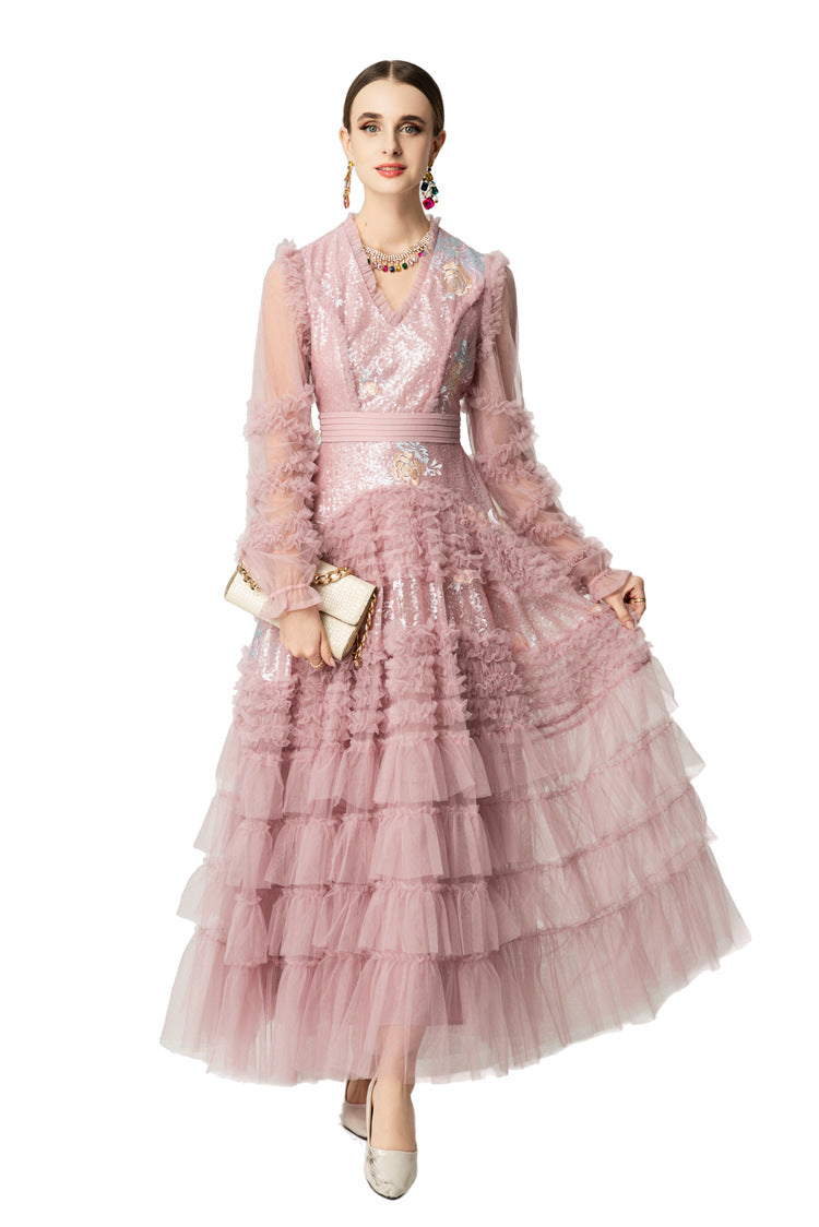 Sequin Embroidery Tiered Tulle Maxi Dress with Ruffled V-Neck SP10055