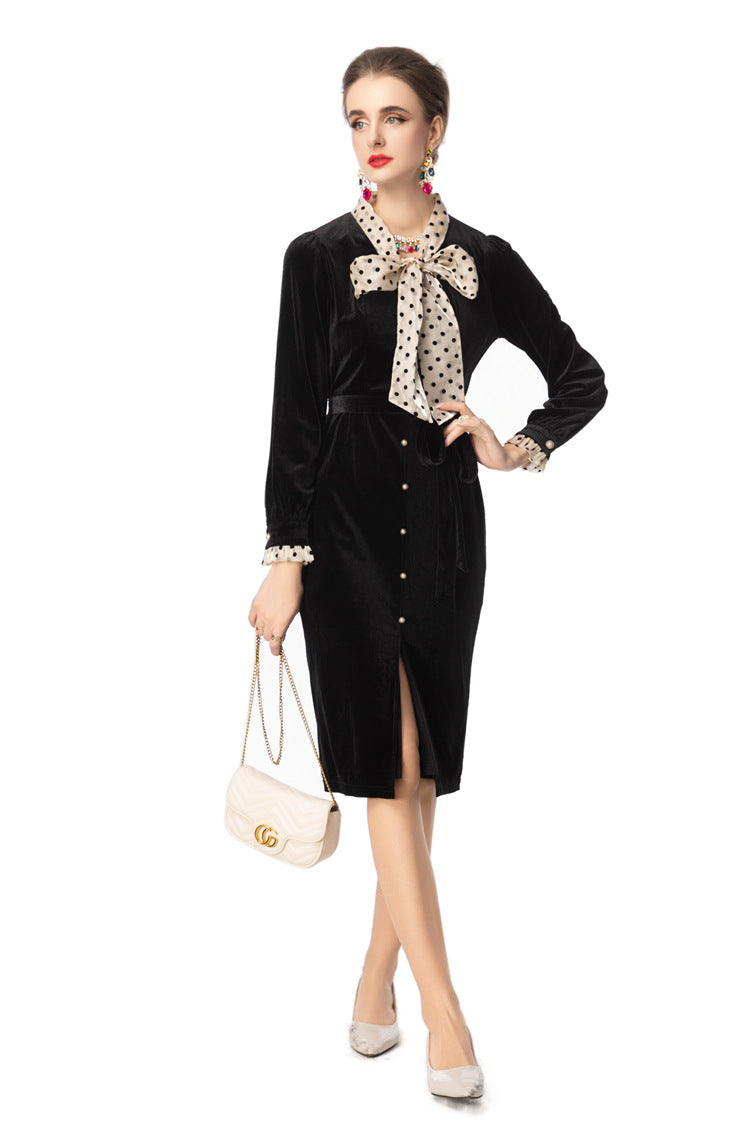 Black Velvet Dress with Polka Dot Bow Neck & Pearl Buttons SP10106