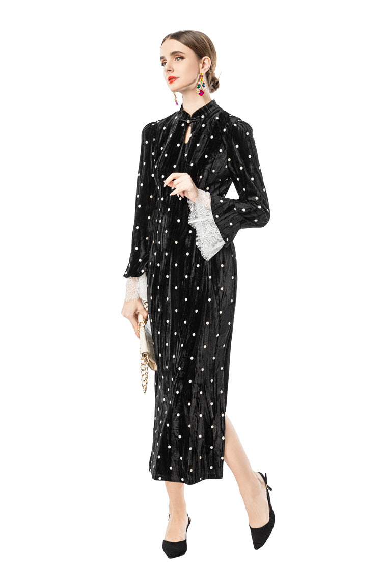 Velvet Polka Dot Lace Flare Sleeve Qipao Midi Dress SP10095