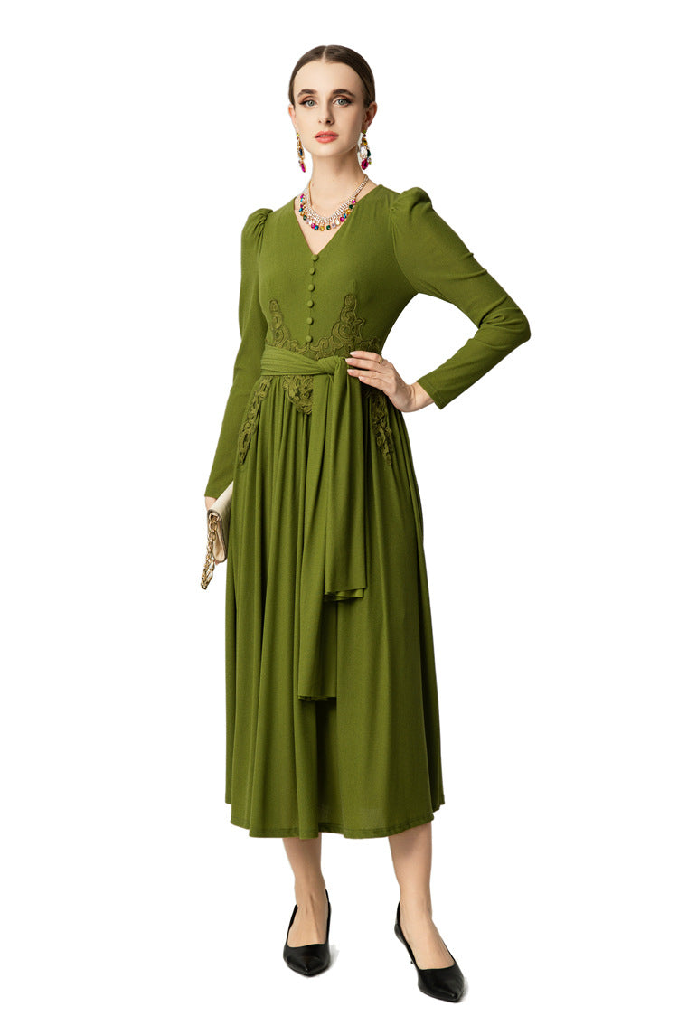 V-Neck Puff Sleeve Waist Embroidery Flared Midi Dress SP10059