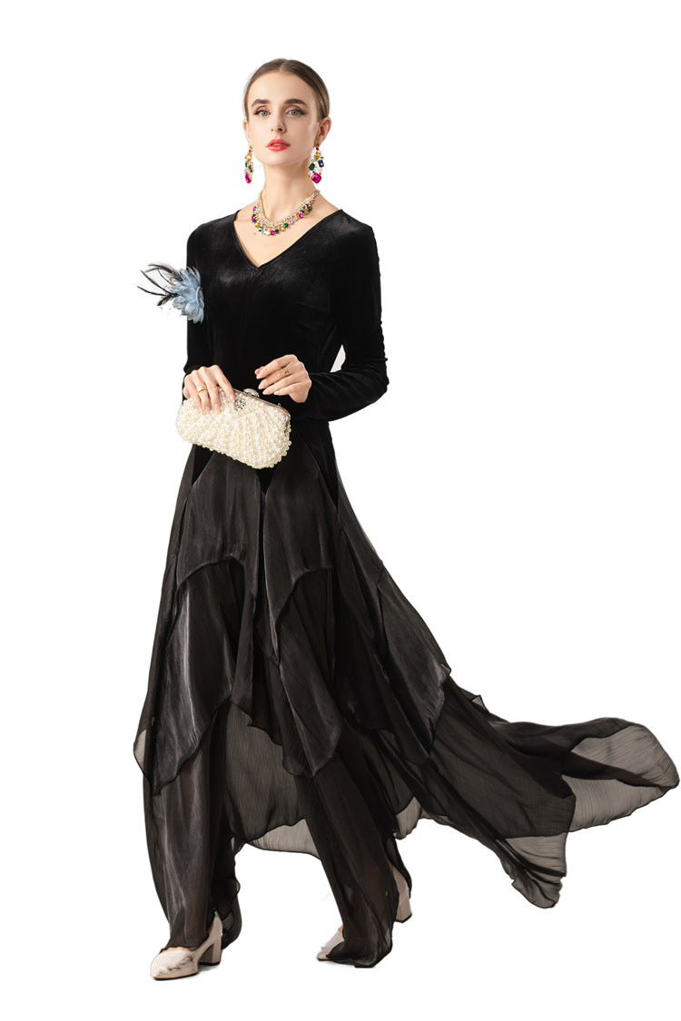 Velvet Satin Asymmetrical Tiered Maxi Dress with Floral Brooch SP10081