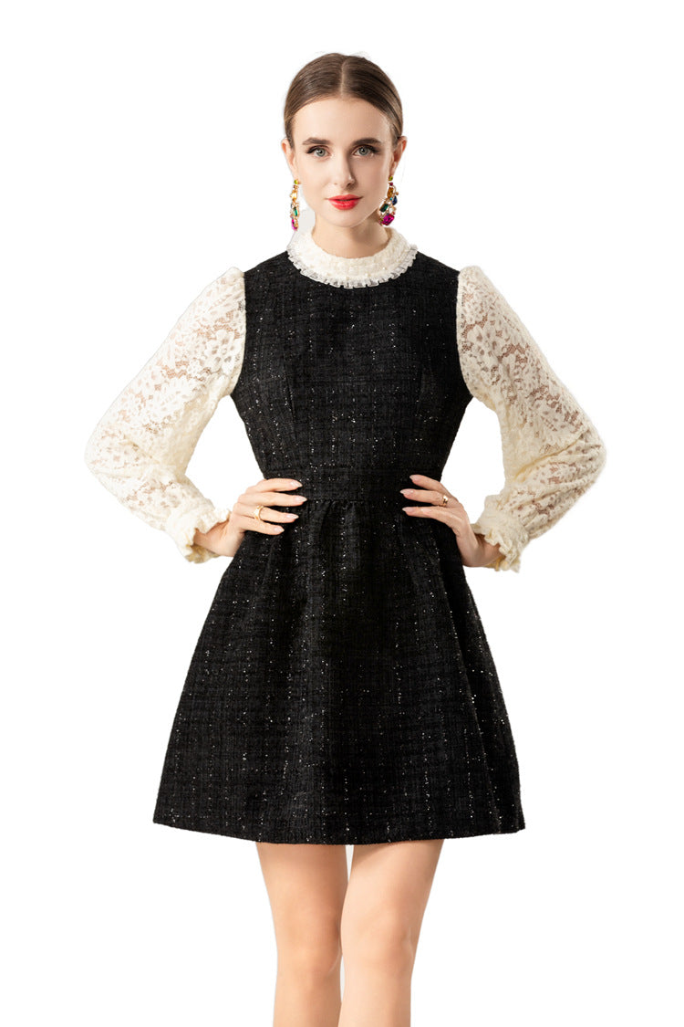 Lace Sleeve Tweed Mini Dress with Pearl Belt SP10088