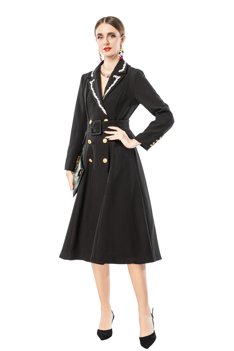 Black Blazer Dress with Braided Trim Lapel & Gold Double Breasted Buttons SP10115