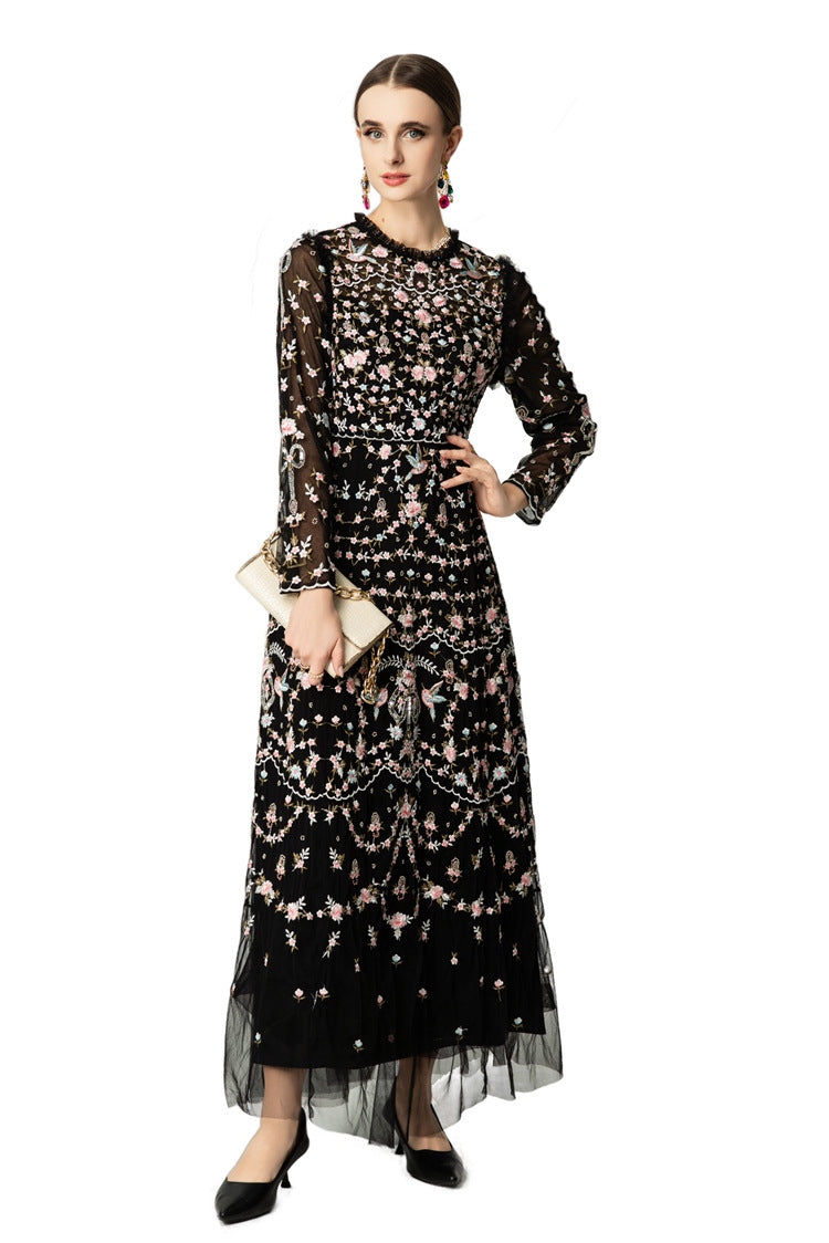 Black Floral Bird Embroidered Ruffled Neck Tulle Maxi Dress SP10036