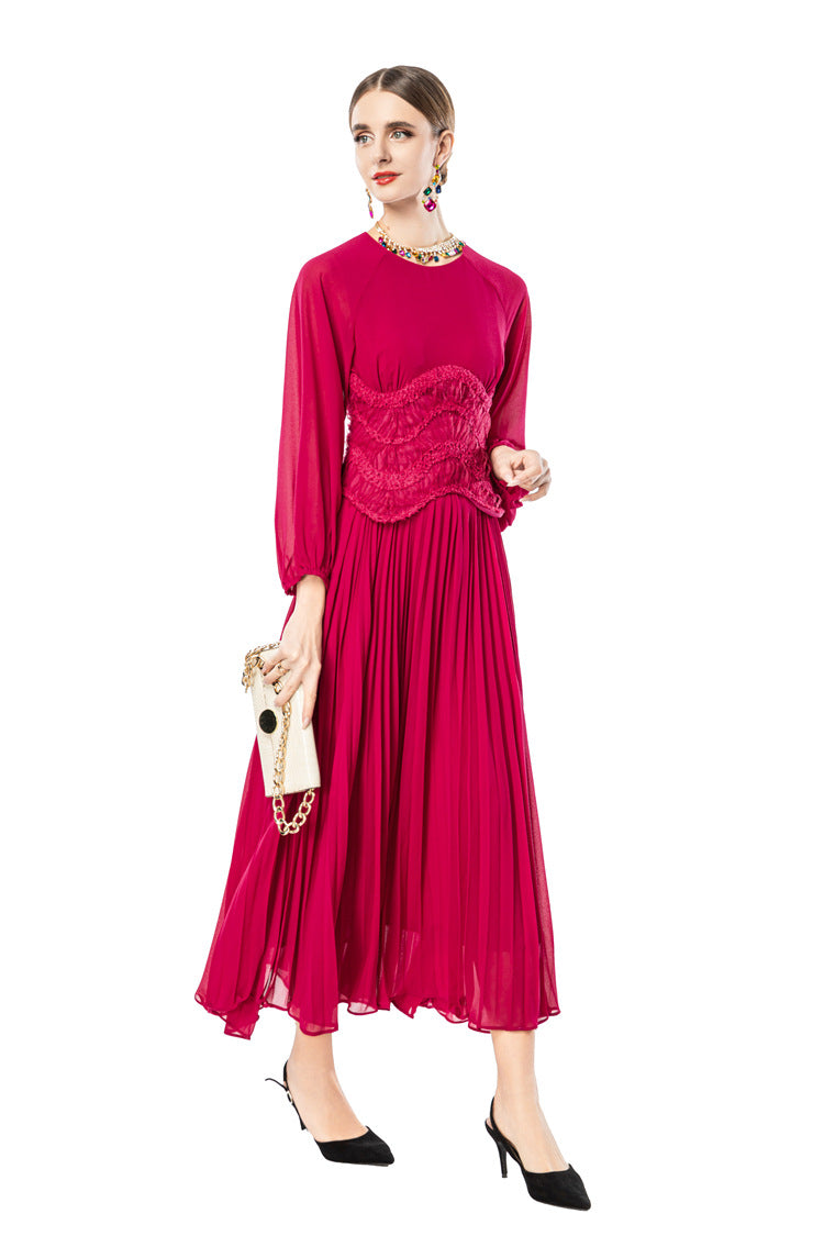 Sheer Puff Sleeve Embroidered Waist Pleated Midi Dress SP10094