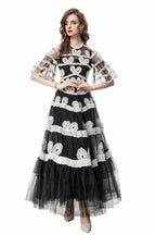Black & White 3D Floral Embroidered Tiered Tulle Maxi Dress SP10028