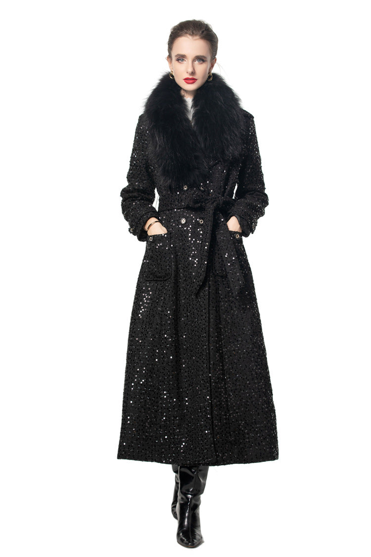 Sequin Embellished Belted Maxi Trench Coat – French Luxury Winter Overcoat SP10027