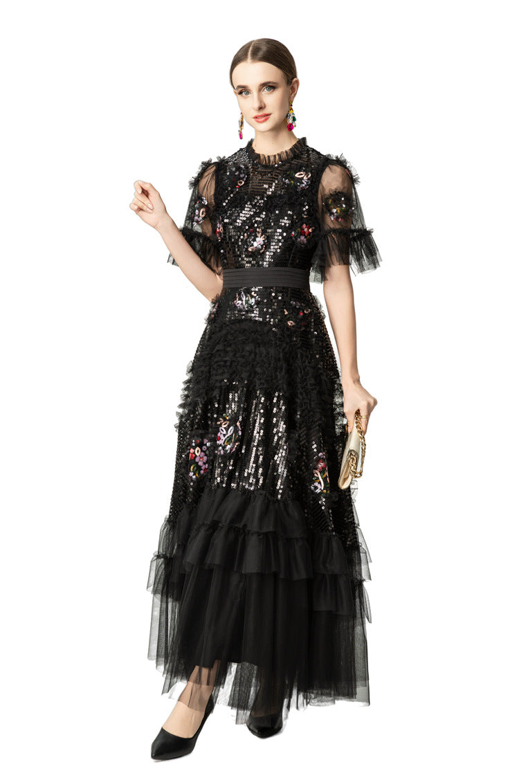 Sequin Floral Embroidered Tiered Tulle Maxi Dress – Ruffled Neck SP10037