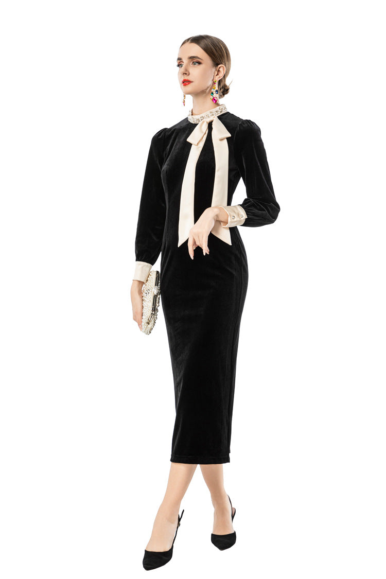 Women's Black Velvet Midi Dress with Pearl Collar & Contrast Bow Tie SP10108