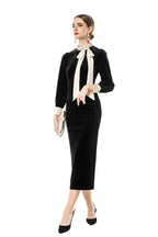 Women's Black Velvet Midi Dress with Pearl Collar & Contrast Bow Tie SP10108