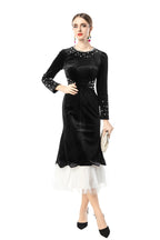 Black Velvet Mermaid Dress with Pearl Embellishments & Tulle Hem SP10114
