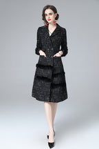 Black Tweed Faux Fur Trim Double Breasted Midi Coat – Luxury Winter Overcoat SP10034