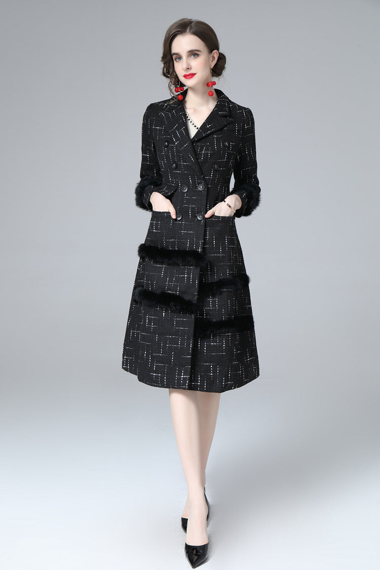 Black Tweed Faux Fur Trim Double Breasted Midi Coat – Luxury Winter Overcoat SP10034