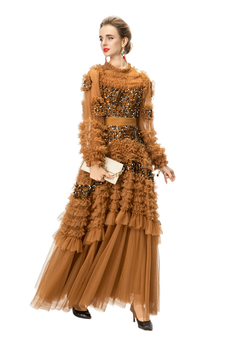 Caramel Sequin Ruffled Tulle Tiered Maxi Gown – Formal Evening Dress SP10005
