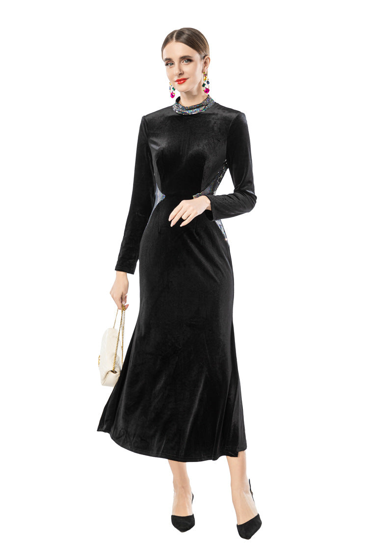 Black Velvet Midi Dress with Rhinestone Neckline & Reflective Waist Accents - Timeless Elegance Meets Modern Glamour SP10101