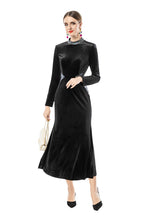Black Velvet Midi Dress with Rhinestone Neckline & Reflective Waist Accents - Timeless Elegance Meets Modern Glamour SP10101