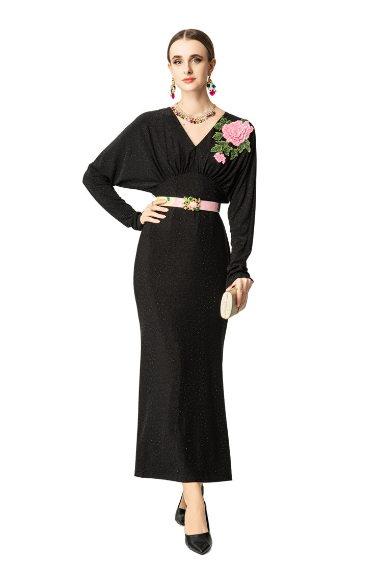 V-Neck Batwing Sleeve Peony Embroidery Mermaid Dress SP10048