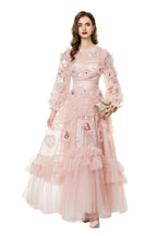 Pink Sequin 3D Floral Embroidered Tiered Tulle Maxi Dress SP10026