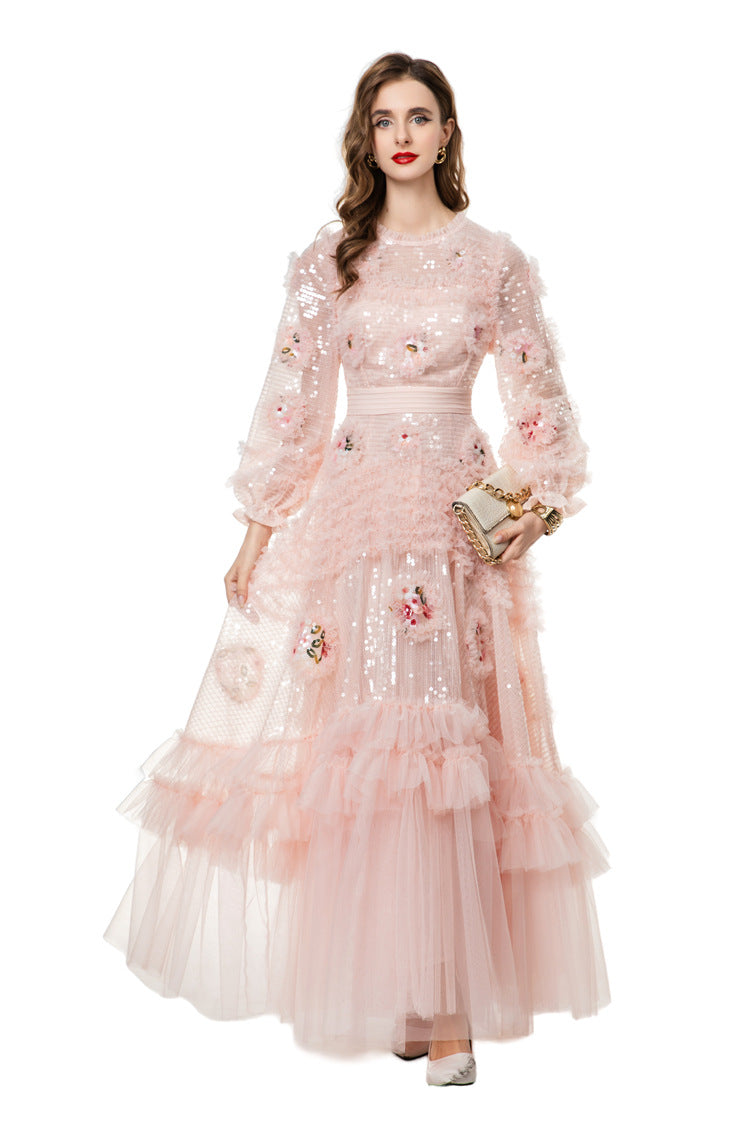 Pink Sequin 3D Floral Embroidered Tiered Tulle Maxi Dress SP10026