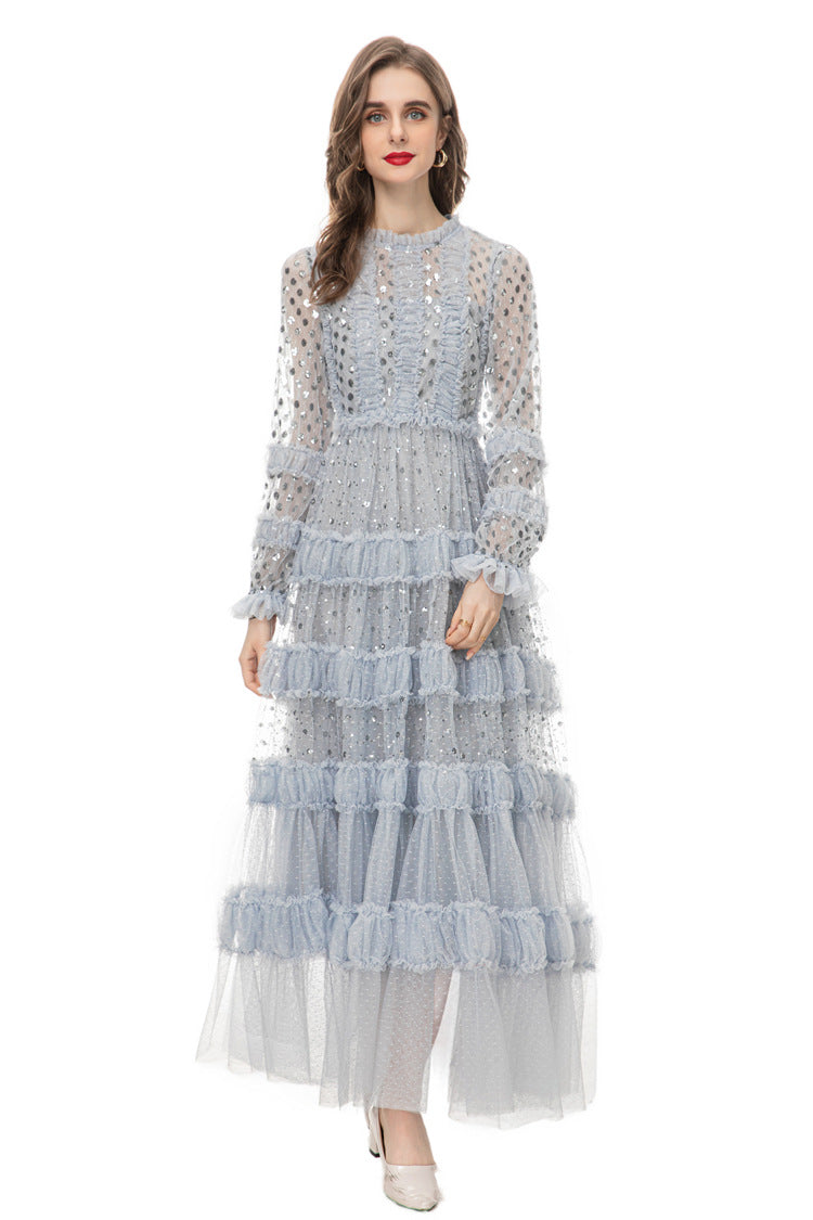 Light Blue Sequin Ruffled Tulle Tiered Maxi Dress – French Luxury Evening Gown SP10010