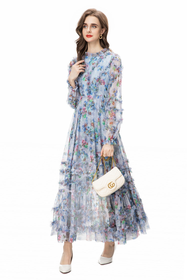 Light Blue Floral Ruffled Tulle Tiered Maxi Dress – French Fairy Style SP10011