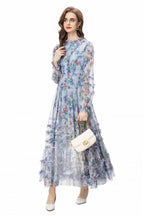 Light Blue Floral Ruffled Tulle Tiered Maxi Dress – French Fairy Style SP10011